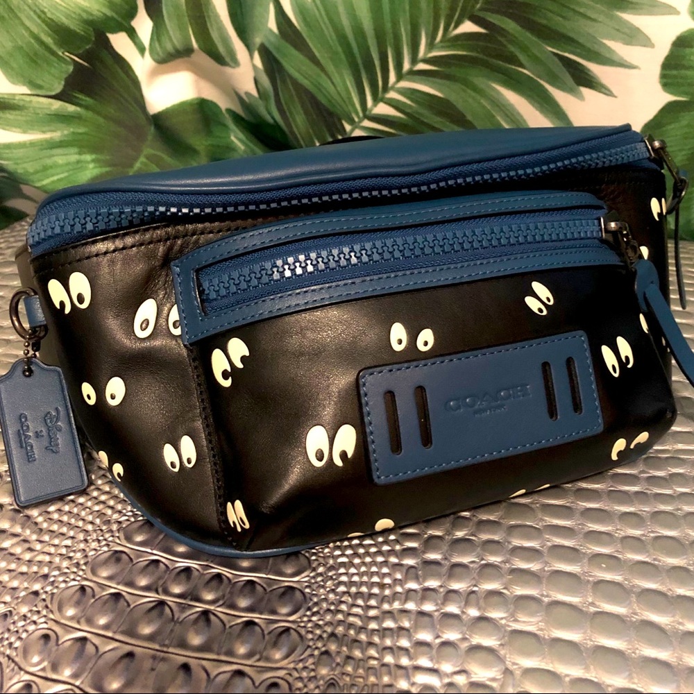 Coach Black Leather Belt Bag with Blue Trim and White Eye Motif